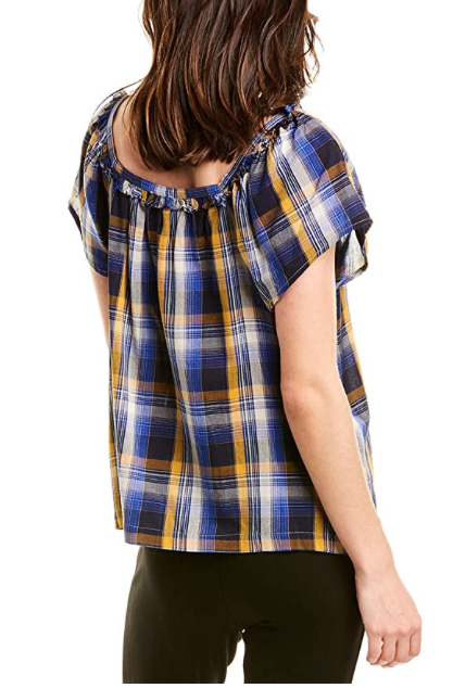 VINCE CAMUTO Sunset Plaid Square-neck Blouse In Electric Blue $69 size M