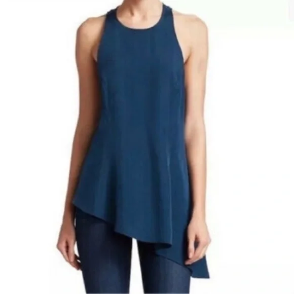 Cinq A Sept Cuerpo Tank Top Dylan Asymmetrical Blue Navy Lapis Size XS $279