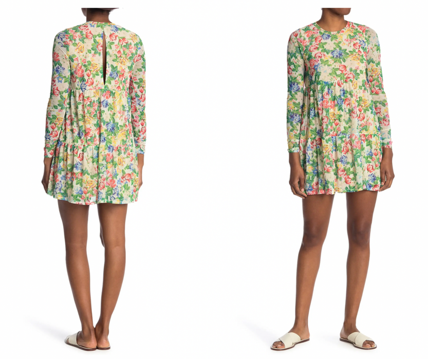 AFRM Bell Long Sleeve Babydoll Dress In Brown Multi Animal Size XS