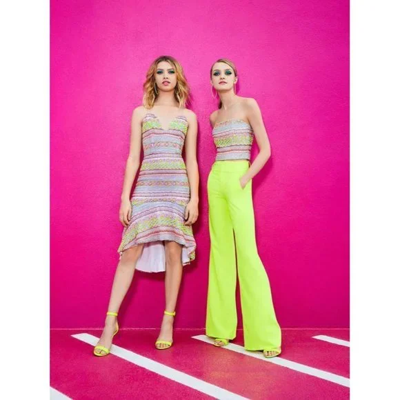 ALICE + OLIVIA $1298 Neon Amina All Over Embroidery Sweetheart Neck Dress 2 US