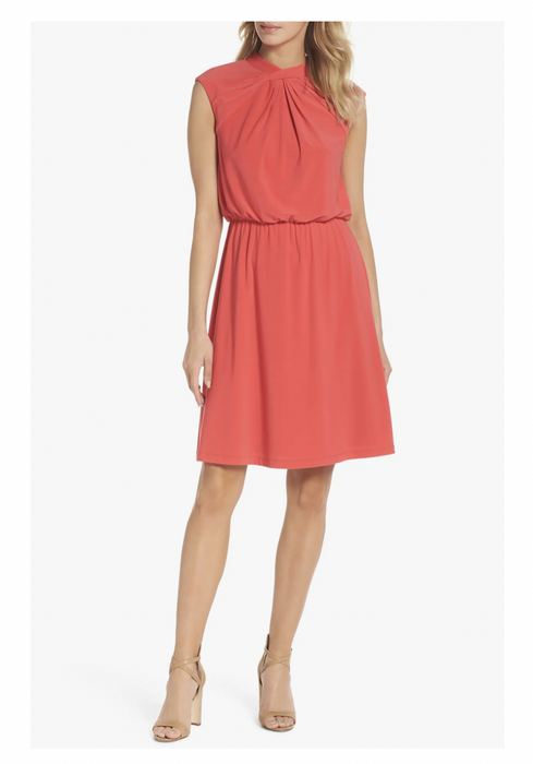 Adrianna Papell Twist Neck Jersey Blouson Knee Dress Geranium Red Size Petite 4