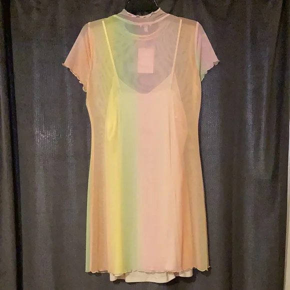 Love, Fire Junior Rainbow Mesh Short Sleeve Minidress In Rainbow Colour Size S