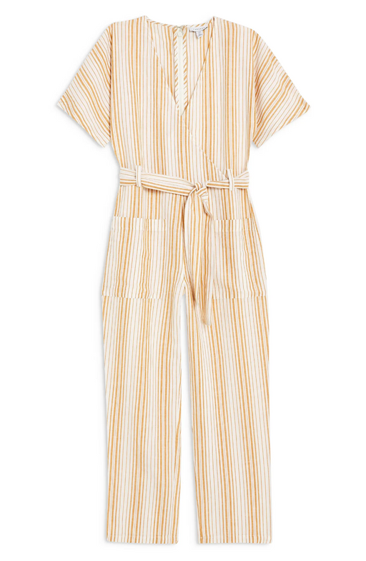 TOPSHOP Women's yellow white striped V-neck linen blend  jumpsuit Size 8 NEW $80
