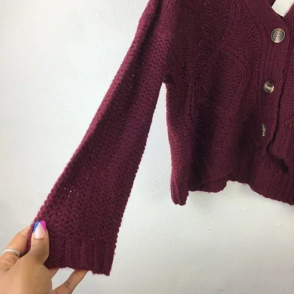 Rag supply Cozy Fisherman Cable Knit Cardigan Button Front Gold red plum size M