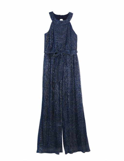 Zunie Girl's High Neck Shimmer Jumpsuit With Bowtie Neck In Navy Size 16