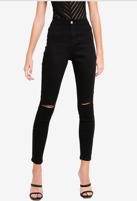 MISSGUIDED VICE  HIGHWAISTED SLASH RIPPED KNEE SKINNY JEANS BLACK UK8/US4 26