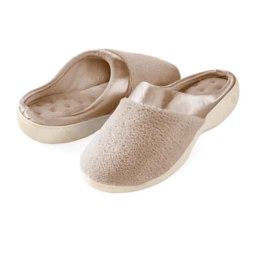 ISOTONER Microterry PillowStep Satin Cuff Clog Slippers for Women : Taupe 6.5-7