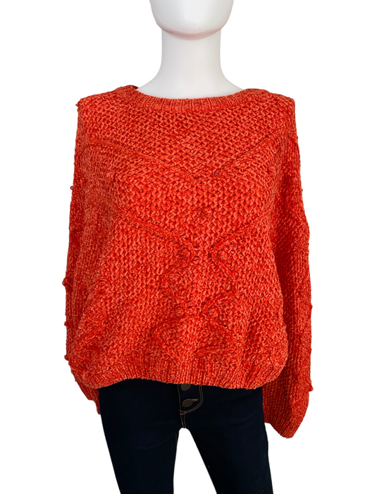 LUSH Orange Pullover Pompom Cable Knit Sweater Women size L