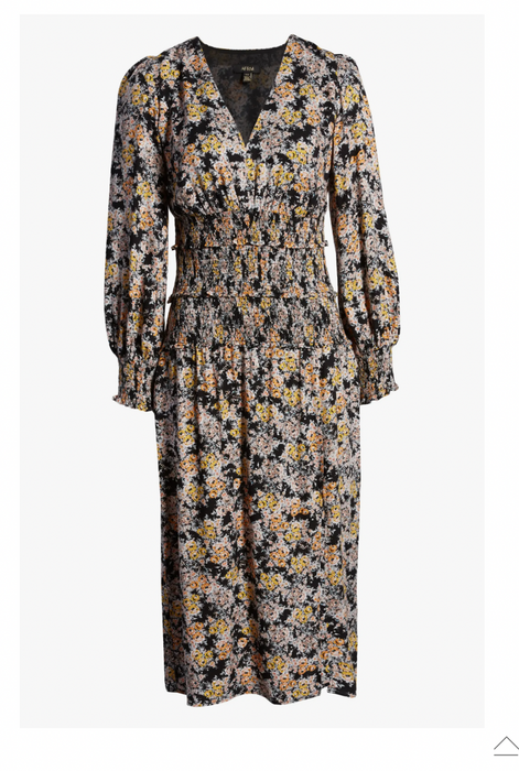 AFRM Hazel Floral Smocked Long Sleeve Midi Dress In Gold Bouquet Size XS $79