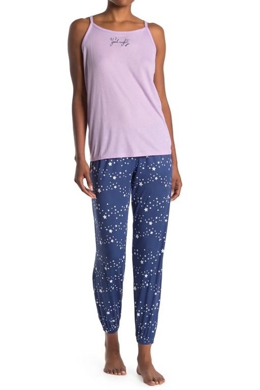 PJ Couture Printed Sleepover 2-Piece Pyjama Set Lilac Top Blue Pant Size M