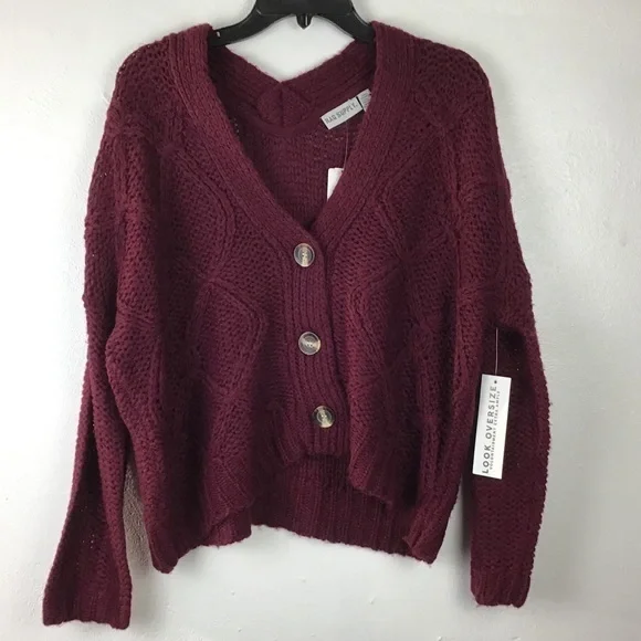 Rag supply Cozy Fisherman Cable Knit Cardigan Button Front Gold red plum size M