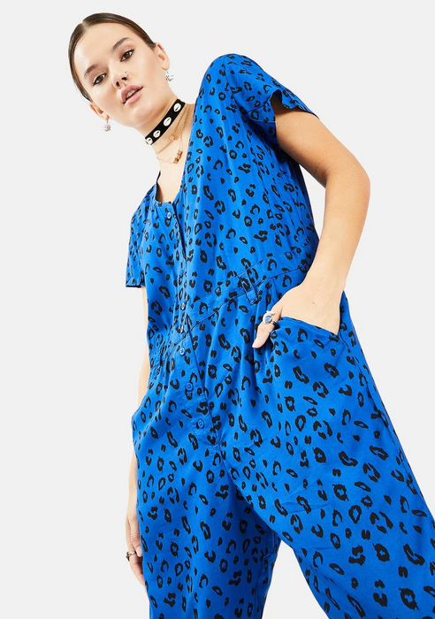 OBEY  women's animal print short sleeve  Leo Jumpsuit In Cobalt size XS