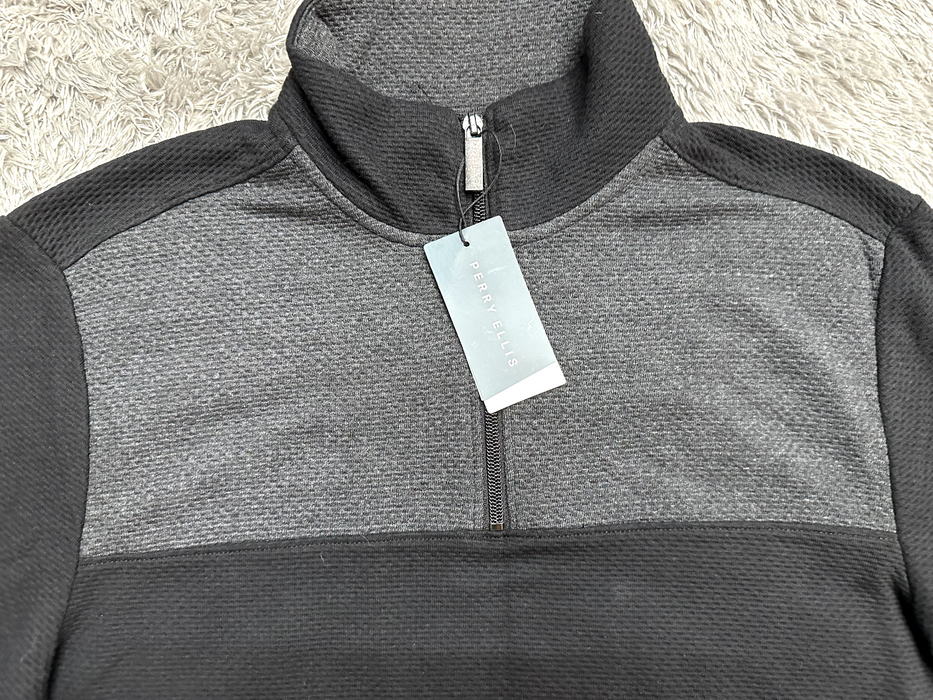 Perry Ellis Mesh Quarter-Zip Rib-Knit Sweatshirt In Black And Gray Size M
