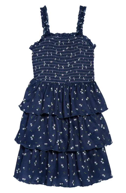 Trixxi Girl's Kids' Floral Print Smocked Tiered Dress Navy Size XL Trixxi Girl's Kids' Floral Print Smocked Tiered Dress Navy Size XL