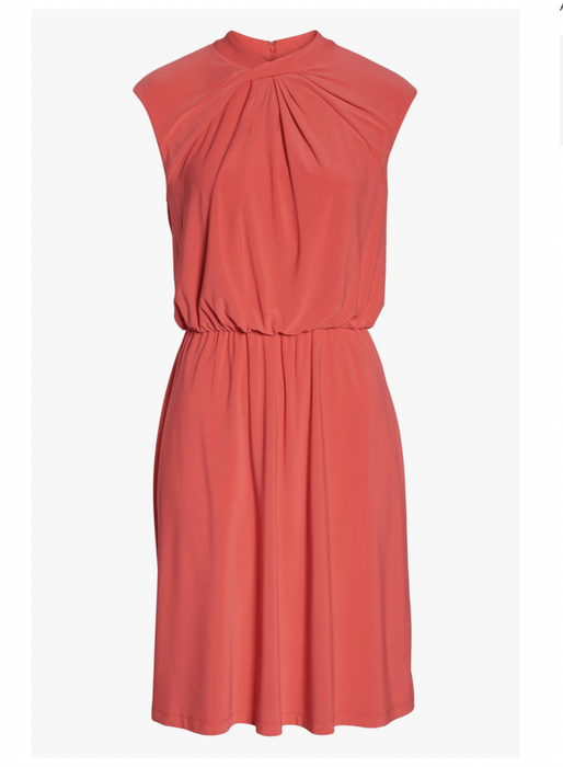 Adrianna Papell Twist Neck Jersey Blouson Knee Dress Geranium Red Size Petite 4