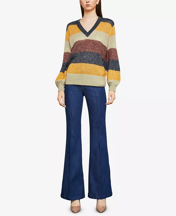 BCBGMAXAZRIA Mohair V-Neck Pullover In Striped Metallic Port Combo Size XXS