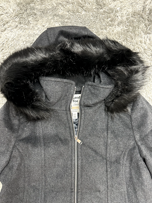 London Fog  Faux Fur-Trimmed Wool-Blend Jacket in grey soft size M