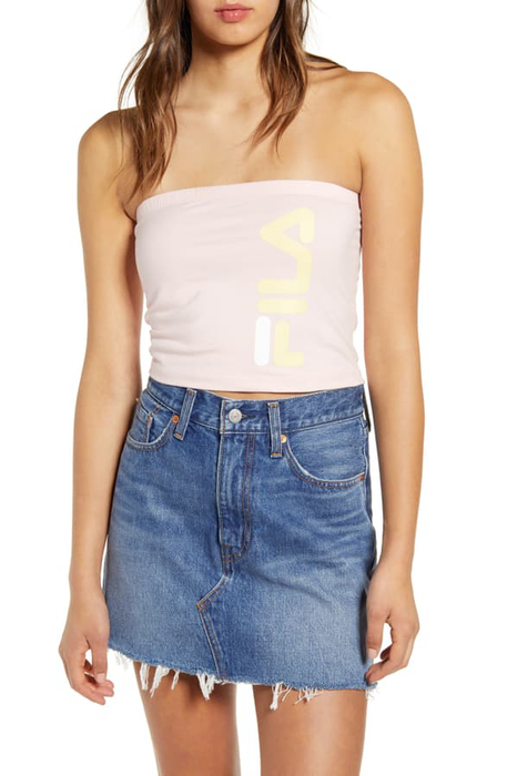 Fila Teodora Banded Tube Top Logo Stretch Cotton Jersey Crop Bandeau Pink M
