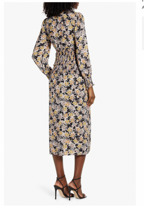 AFRM Hazel Floral Smocked Long Sleeve Midi Dress In Gold Bouquet Size XS $79