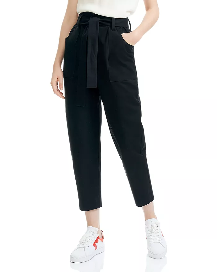 MAJE Pio Cropped Tapered belted pants In Black size 42