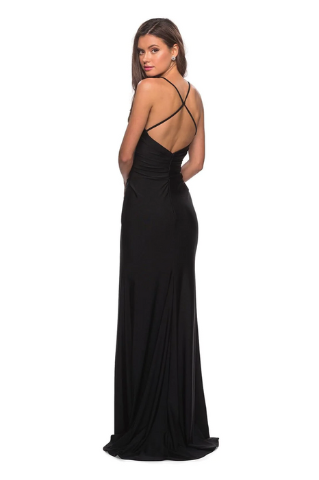 La Femme Cross Back Satin Jersey Trumpet Gown  28206 Black Size 6 $239