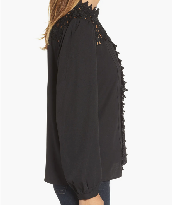 Halogen Black Lace Yoke Mock Neck Long Sleeve Pullover Blouse Size petite S