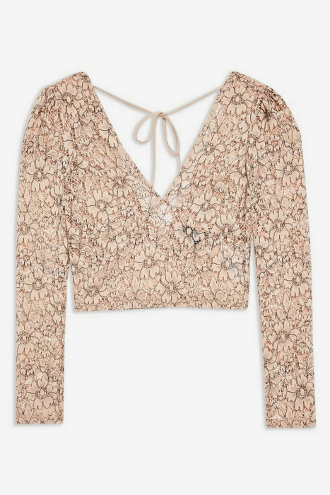 TOPSHOP Lace Crop Plunge V neck blouse Top Size 8 in pink