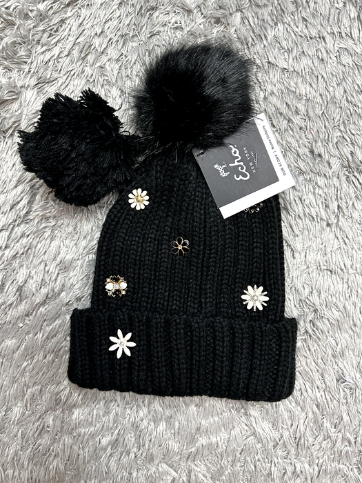 Echo women's Embellished Faux Fur Pom Pom Hat in black $59