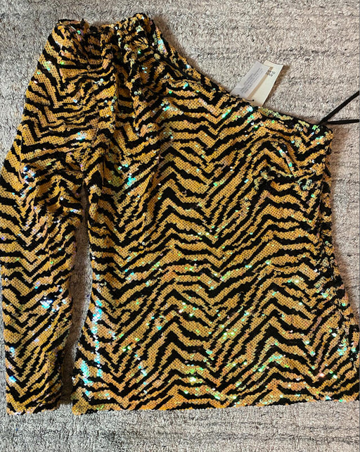 River Island Sequinned Animal-Pattern One-Sleeve Top Black/Orange Size 10