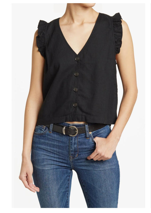 Madewell Ruffled Button Front Linen Blend Top In Black Size 12