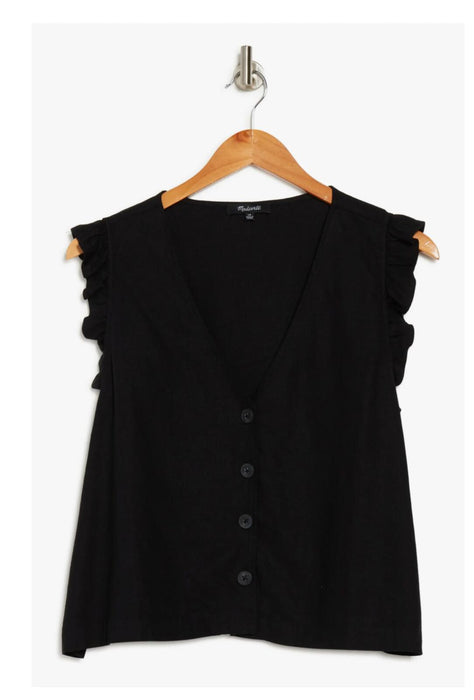 Madewell Ruffled Button Front Linen Blend Top In Black Size 12