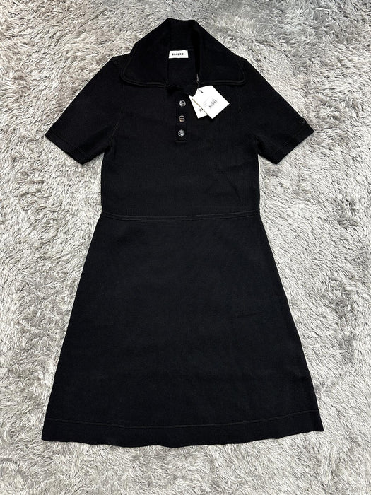 sandro knit polo dress SANDRO VICTOIRE SILK-WOOL POLO PLEATED KNIT MIDI DRESS Dark Blue