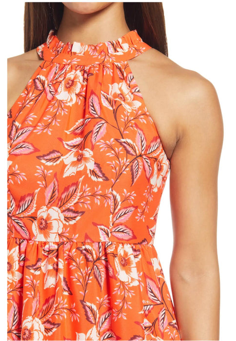 Eliza J Floral High Neck Fit & Flare Dress In Orange Size 4