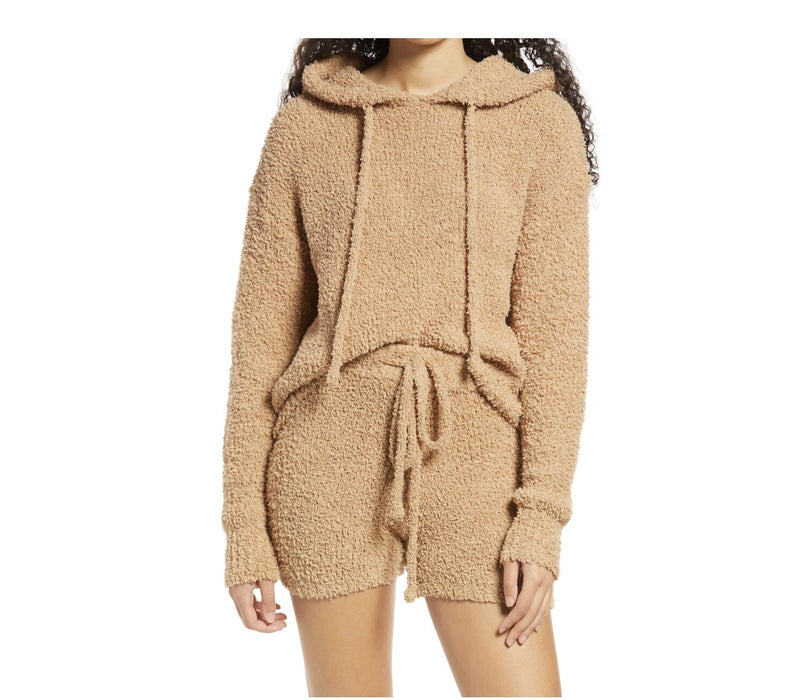 Lulu's Eyelash Sweater Hood With Drawstring Teddy Hoodie Camel Size Small $52