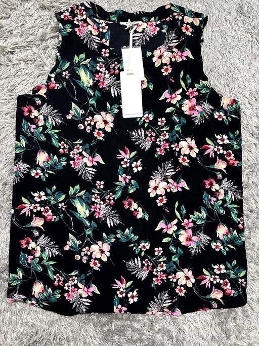 Pleione Size S Black Floral Sleeveless Scalloped Neck Top in black tropical