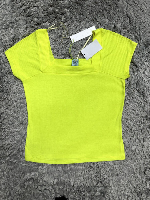 Good Luck Gem Women's Ribbed Square Neck Tee Shirt In Neon Yellow Size M