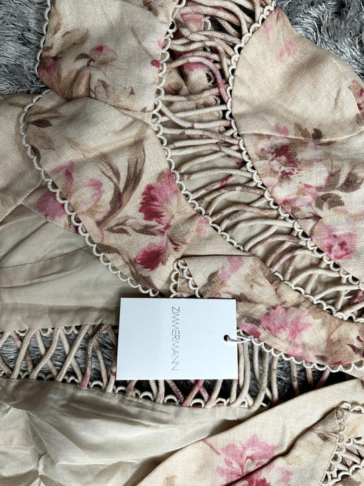 Zimmermann Corsair Flutter Lace Up Crop Top In Cream Floral Size 1 (US 6)