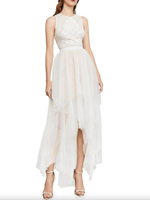 BCBGMAXAZRIA Riese Long Tulle Tiered Lace Gown Dress In Off White Size 6 $600
