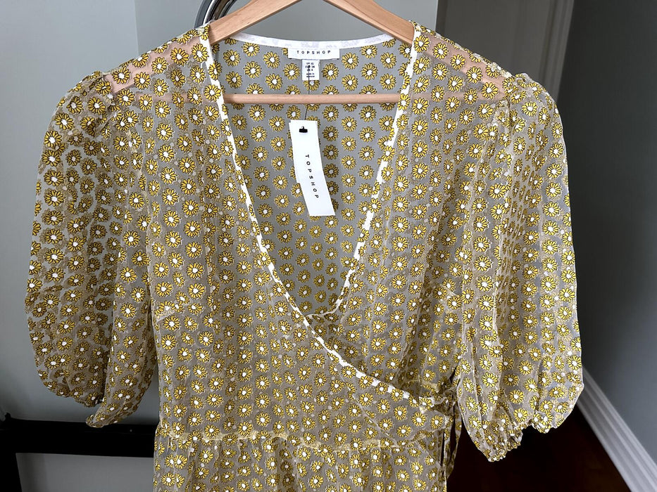 Topshop Women's Sheer Puff Sleeve Wrap Midi Dress Daisy Print Yellow Size 6 NWT