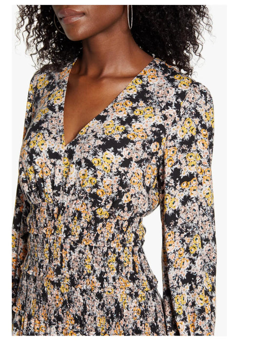 AFRM Hazel Floral Smocked Long Sleeve Midi Dress In Gold Bouquet Size XS $79