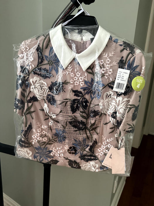 Ivanka Trump Women's Collared Sequin Blouse Dusty Rose Floral Embroidery Size 4