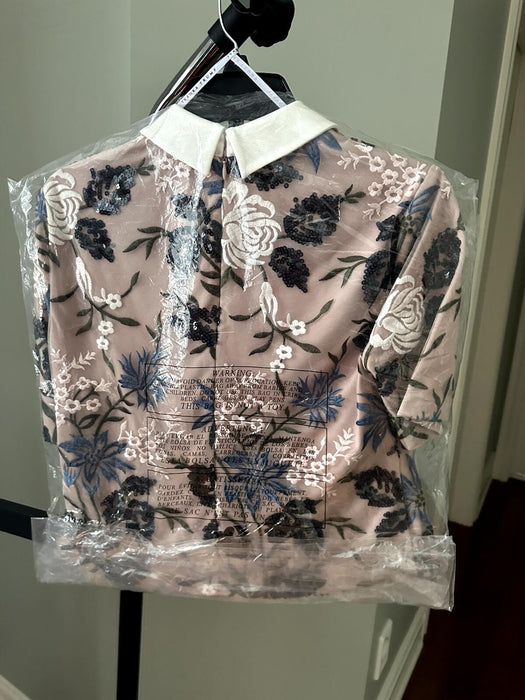 Ivanka Trump Women's Collared Sequin Blouse Dusty Rose Floral Embroidery Size 4