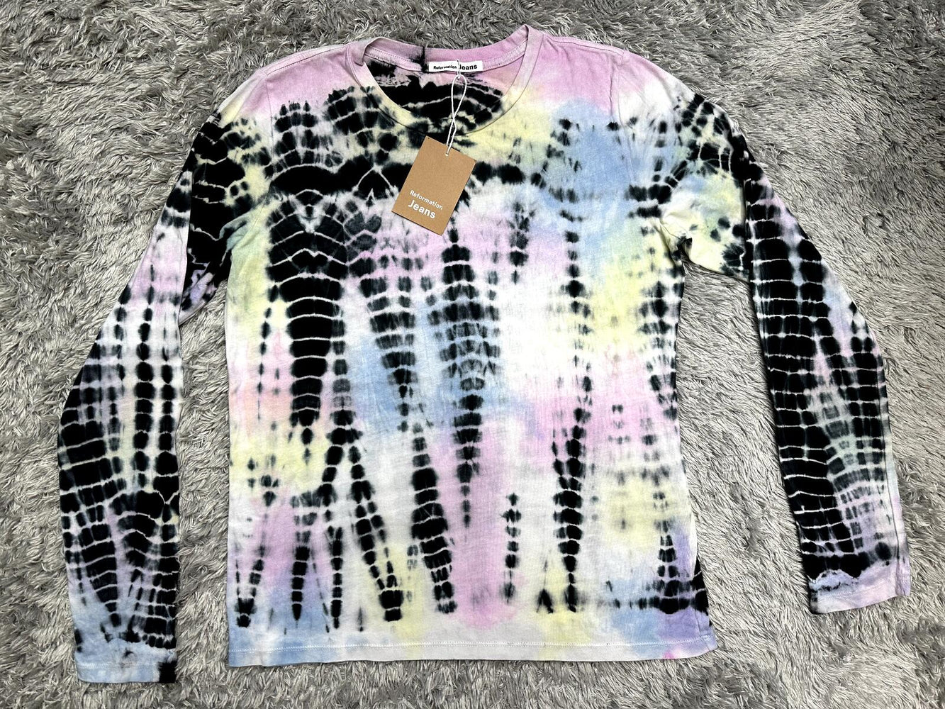 Reformation Eddie Long Sleeve Tee In Black Rainbow Pistachio Stripe Size M