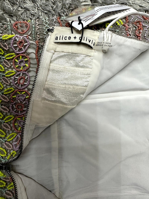 ALICE + OLIVIA $1298 Neon Amina All Over Embroidery Sweetheart Neck Dress 2 US