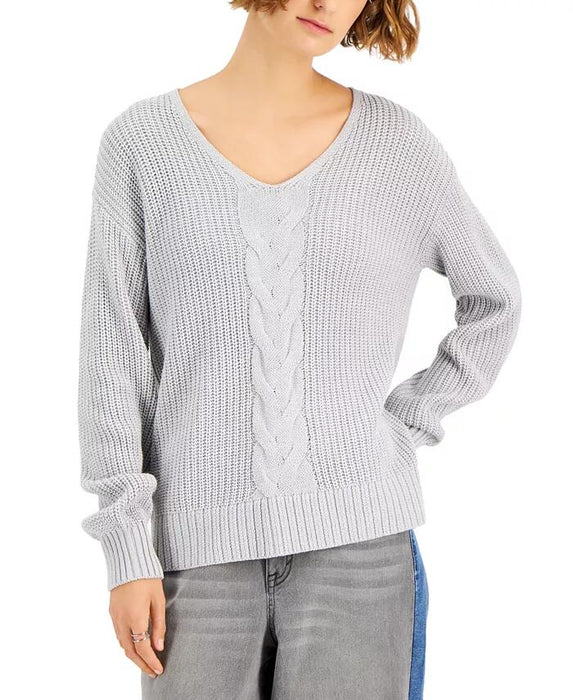 Style & Co Cable Knit V-Neck Fit Sweater Women's Size Large IN GREY