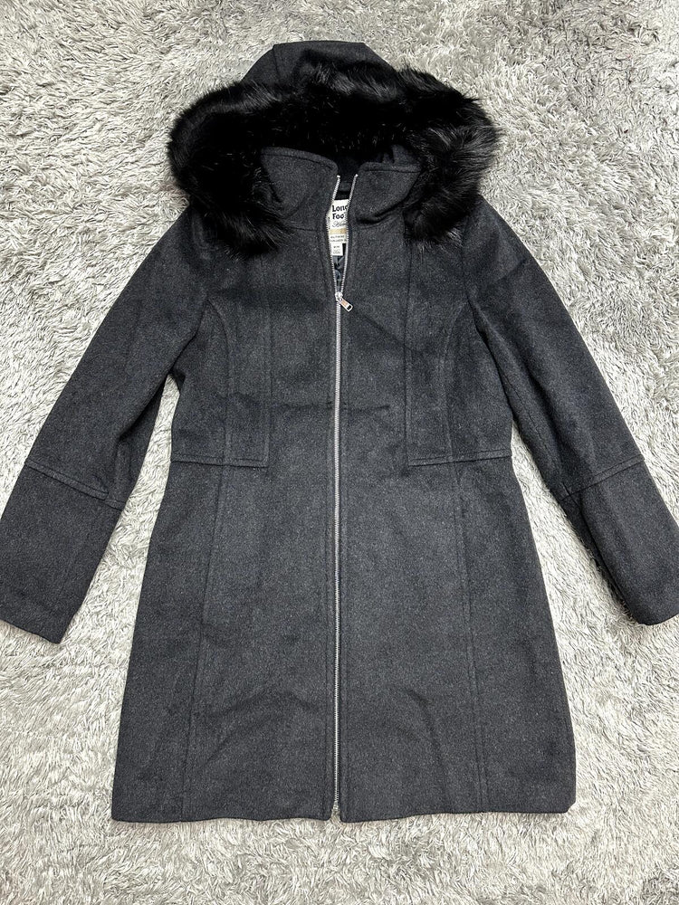 London Fog  Faux Fur-Trimmed Wool-Blend Jacket in grey soft size M